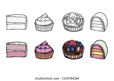 Desserts and sweets color isolated on white background. Hand drawing illustration vector. Cheesecake, macaroons, meringues, muffin, waffles, donuts, croissant, cakes cookies eclair tiramisu