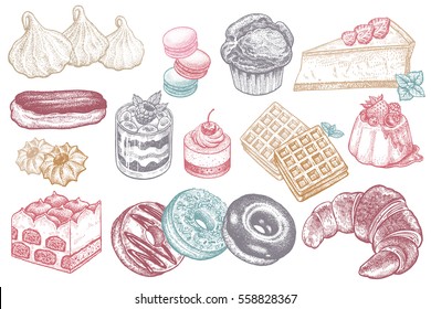 Desserts and sweets color isolated on white background. Hand drawing illustration vector. Cheesecake, macaroons, meringues, muffin, waffles, donuts, croissant, cakes,  cookies, eclair, tiramisu