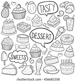 Desserts And Sweets Doodle. Icons Hand Drawn. Bakery Cartoon Illustration Vector.