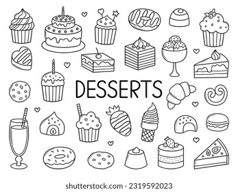 Desserts and sweets doodle set. Candies, chocolate, cakes, donut, ice cream in sketch style. Hand drawn vector illustration isolated on white background