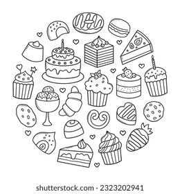 Desserts and sweets doodle set. Candies, chocolate, cakes, donut, ice cream in sketch style. Hand drawn vector illustration isolated on white background