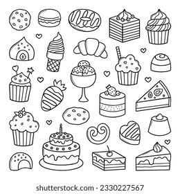 Desserts and sweets doodle set. Candies, chocolate, cakes, donut, ice cream in sketch style. Hand drawn vector illustration isolated on white background