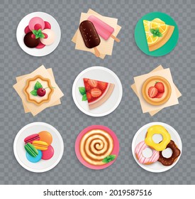 Desserts Süßsüßen Doughnüsse Biskuit Roll Slice Erdbeertorcake Makarons Platten Draufsicht transparenter Hintergrund Vektorgrafik