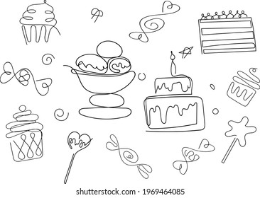 Desserts and sweets drawn by a single line. Vector illustration