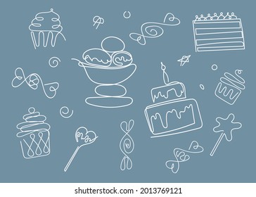 Desserts and sweets drawn by a single line.White color Candies and ice cream on a blue background . Vector illustration