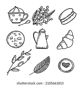 Postres, caramelos, flores y objetos de mesa dibujados a mano con íconos monocromos sobre el tema del café de primavera. Conjunto de ilustraciones de vector