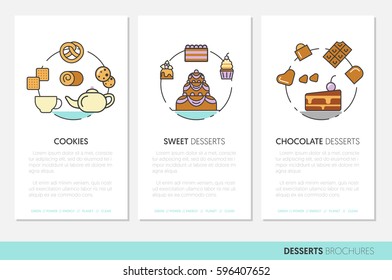 Desserts and Sweets Food Business Brochures. Linear Thin Vector Icons with Cake and Cupcake