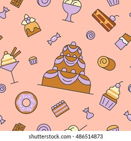Desserts and Sweets Food Line Art Thin Vector Seamless Pattern Background with Cake, Cupcake