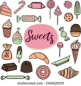 Desserts and sweets hand drawn doodle icons Candies, ice cream, lollipop, sweets, donut, bagel, croissant, etc.