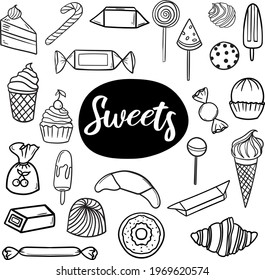 Desserts and sweets hand drawn doodle icons Candies, ice cream, lollipop, sweets, donut, bagel, croissant, etc.