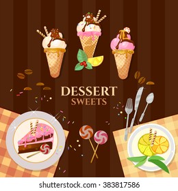 Desserts and sweets ice cream delicious cake chocolate cream vector illustration 