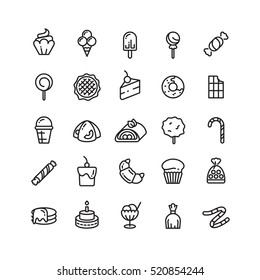 Desserts, sweets, ice cream, muffin, cakes, cupcake thin line icons