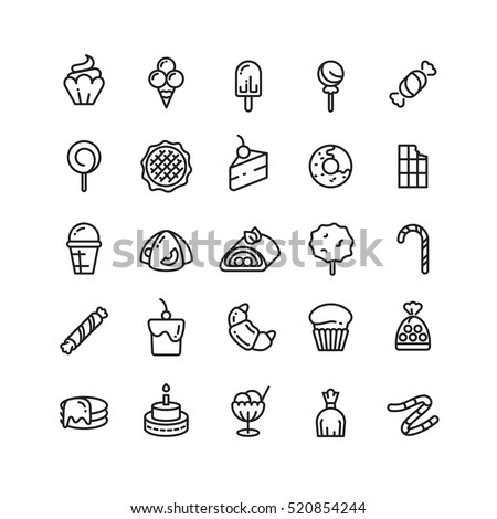 Desserts, sweets, ice cream, muffin, cakes, cupcake thin line icons