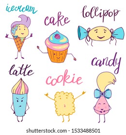 Desserts and sweets in kawaii style for coloring book. Cute cartoon characters of cake, ice cream, latte, candy, cookie and lollipop. Vector illustrations of emoticons in doodle style.