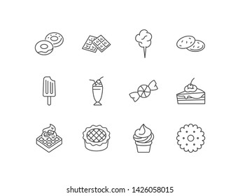 Desserts and sweets line icons set with doughnuts, chocolate bar, cotton candy, cookies, popsicle, milkshake, cake piece, waffle, pie, cupcake, biscuit.  