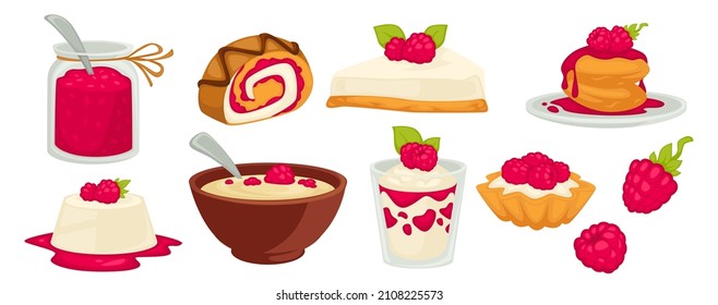 Postres y dulces de mermelada de frambuesa, tarro aislado y rollo al horno con crema, crepes y pudín. Gachas de avena o muesli con leche para el desayuno o la cena. Vector en ilustración de estilo plano