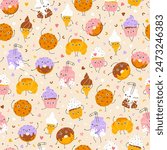 Desserts sweets seamless pattern with funny mascot characters. Kawaii cartoon hand drawn doodle in colorful palette. Ideal for baby design, prints, packaging, textiles. Creative nursery background