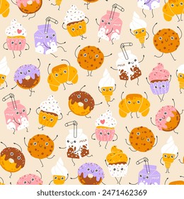 Postres dulces patrón sin fisuras con divertidos personajes de la mascota. Dibujo de dibujos animados de Kawaii dibujado a mano garabato en paleta de colores. Ideal para el diseño del bebé, estampados, embalaje, textiles. Fondo de vivero creativo