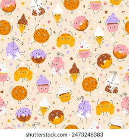 Desserts sweets seamless pattern with funny mascot characters. Kawaii cartoon hand drawn doodle in colorful palette. Ideal for baby design, prints, packaging, textiles. Creative nursery background