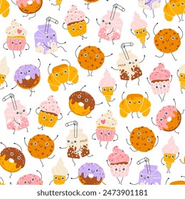 Desserts sweets seamless pattern with funny mascot characters. Kawaii cartoon hand drawn doodle in colorful palette. Ideal for baby design, prints, packaging, textiles. Creative nursery background