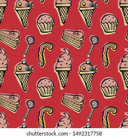 Desserts and sweets seamless pattern on a red background. A hand drawn doodle ice cream cone, cake, caramel on a stick, sweets, Christmas cane. Vector illustration retro style.