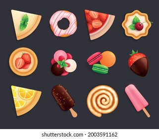 Desserts sweets top view set flat black background lemon pie donut macaron ice cream realistic vector illustration