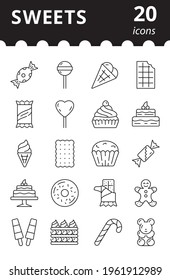 Desserts and Sweets Vector Line Icons. Cakes and cookies pictogram. Simple Food illustration.