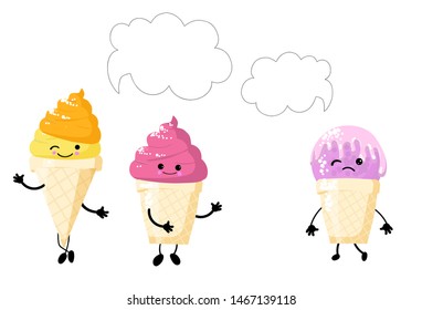 desserts are talking. meme for postcard. three types of ice cream