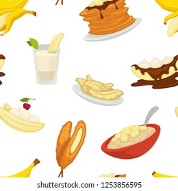 Los tipos de postres, banana con cáscara y panadería sin fisuras vectores de patrón. Pasteles y mechones de chocolate, crepes y bollos con cereales. Bollería dulce, comida horneada con harina aislada de cerezas