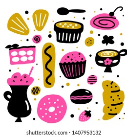 Desserts. Vector cartoon illustration of different cakes and sweets.