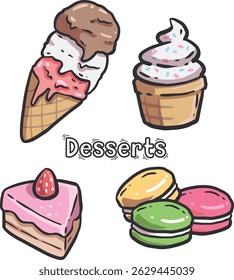 Desserts vector Ice cream strawberry cake macaron