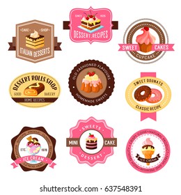 Desserts vector icons for bakery shop and pastry. Chocolate cakes and sweets, donuts and roll pies, tiramisu or brownie tortes and ice cream, wafers, cupcakes and puddings for cafe or cafeteria