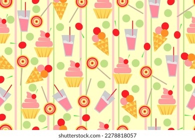 DESSERTS.MILKSHAKE, ICE-CREAM, LOLLI POP, CUP CAKE, SWEET CHERRY. SEAMLESS VECTOR PATTERN FOR DESIGN AND DECORATION