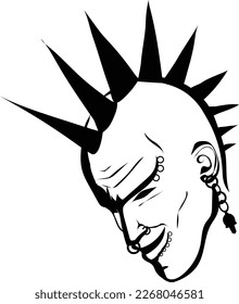 dessin vector black and white illustration of a half-bald headed punk man with hair curled up some ornaments rings and circles on his face on his nose and earrings on his ears and rings on his lips an