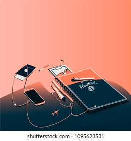 dessktop still life with objects found in a bag vector illustration 