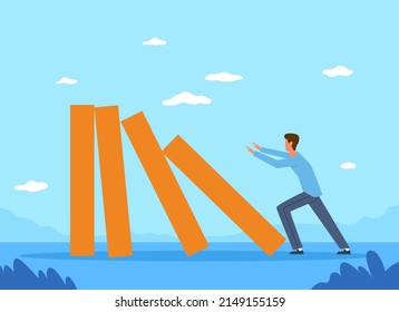 Destabilization. Provocation, Domino Effect, Man Pushing Dominos, Crisis In Economic And Life, Troubles And Problems, Protest And Anarchy Behavior, Vector Cartoon Flat Isolated Concept