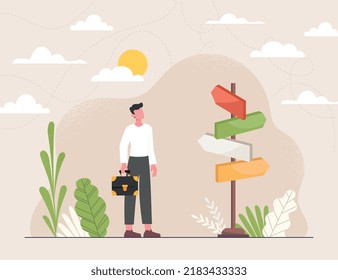 Destination choice concept. Man with briefcase stands on road in front of arrows with different directions. Metaphor for making decision, searching for life path. Cartoon flat vector illustration