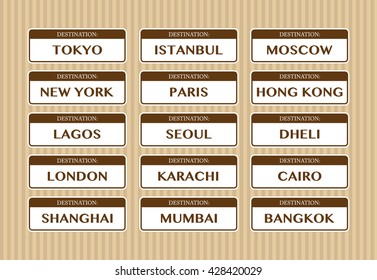 Destination cities stickers, set of, vector