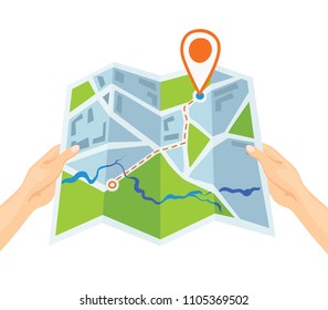 Destination concept. Vector illustration of hands holding map with pin pointing to place. Map navigation. Planning a trip concept.