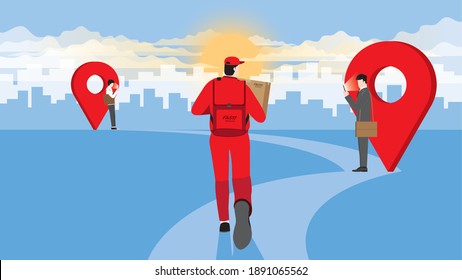 Destination of delivery man from express service company carry parcel box and run on pathway direction aim to target. Client use smartphone for track order online shopping and standby wait for goods.