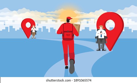 Destination of delivery man from express service company carry parcel box and run on pathway direction aim to target. Client use smartphone for track order online shopping and standby wait for goods.