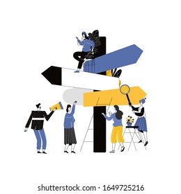 Destination, direction sign in different, , choice of directions, travel to different places. Flat style vector illustration