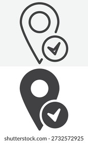 Destino feito verificação pino diferente estilo ícone conjunto. Símbolo vetorial de linha, contorno e ícone sólido com traçado editável. Ícone de destino concluído.