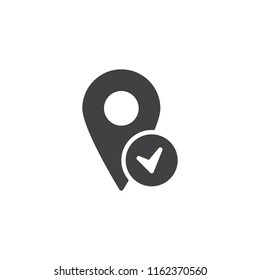 Destination done vector icon. filled flat sign for mobile concept and web design. Map Pin with check mark simple solid icon. Symbol, logo illustration. Pixel perfect vector graphics