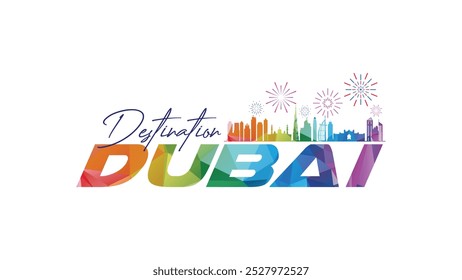 Destino Dubai Diseño de logotipo colorido con horizonte de Dubai