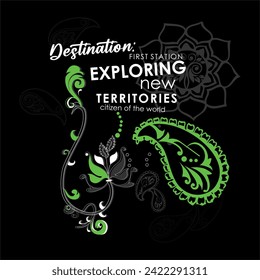 Primera estación de destino explorando el nuevo eslogan de tipografía de territorios. Diseño de ilustraciones vectoriales para gráficos de moda, estampados de camisetas, afiches.