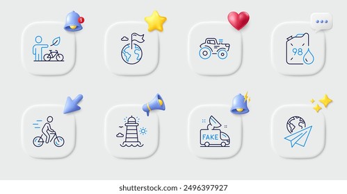 Destination flag, Tractor and Fake news line icons. Buttons with 3d bell, chat speech, cursor. Pack of Petrol canister, Paper plane, Eco bike icon. Lighthouse, Cyclist pictogram. Vector