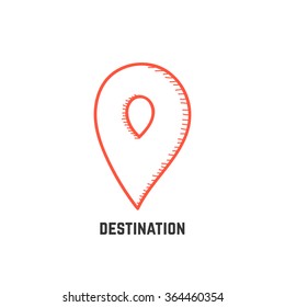 destination with hand drawn map pin. concept of journey, geotag, city navigate, tourism, flag, trip, guide. isolated on white background. sketch style trend modern logotype design vector illustration