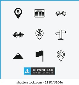 Destination icon. collection of 9 destination filled and outline icons such as pyramid, finish flag, dollar location, direction. editable destination icons for web and mobile.