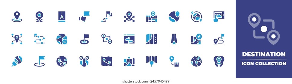 Destination icon collection. Duotone color. Vector illustration. Containing flag, map, destination, search, mobility, location, flight, route, navigation, bookingtrip.